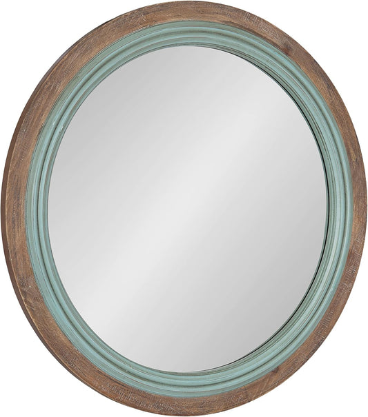 Kate and Laurel Palmer Rustic Farmhouse Round Wooden Mirror, 26 Inch Diameter, Blue and Rustic Brown, Modern Circle Decorative Wall Mirror with Paint Distressing