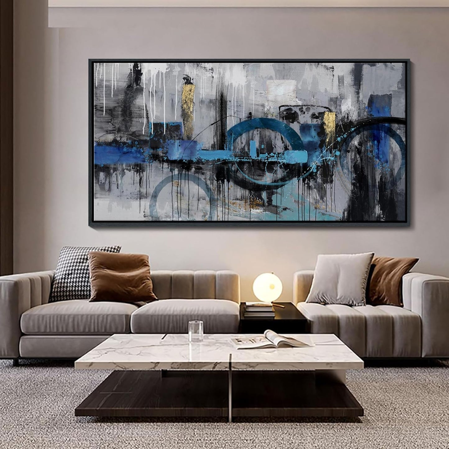 KLAKLA Large Abstract Wall Art Canvas - Blue and Gray Lnk Style Gold City Scenes Wall Decor Living Room Bedroom Decoration Black Frame Picture Artwork for Wall Modern Landscape Wall Decor