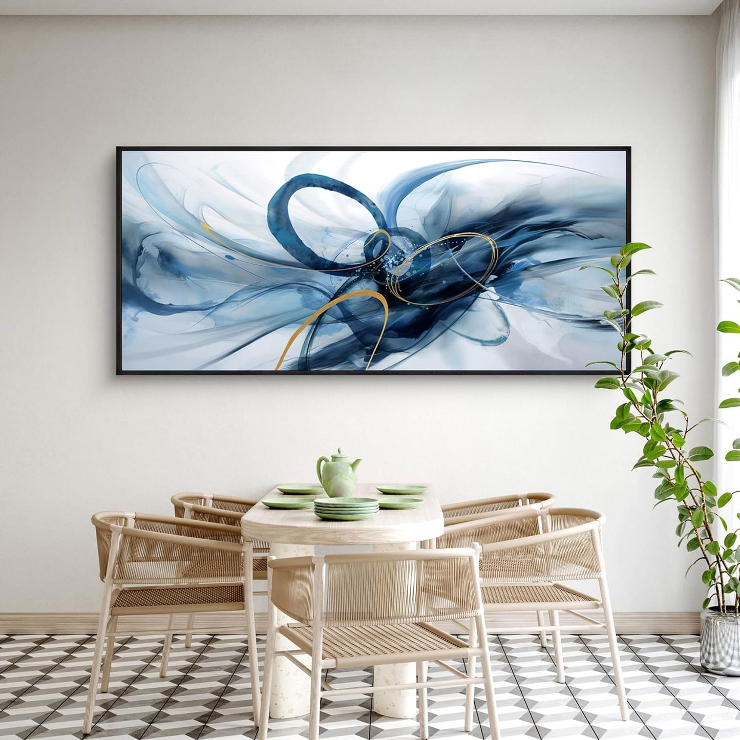 XLSJERST Extra Large Size Abstract Wall Decor Living Room - Modern Canvas Wall Art Blue and White Picture Artwork for Office Bedroom Home Decoration