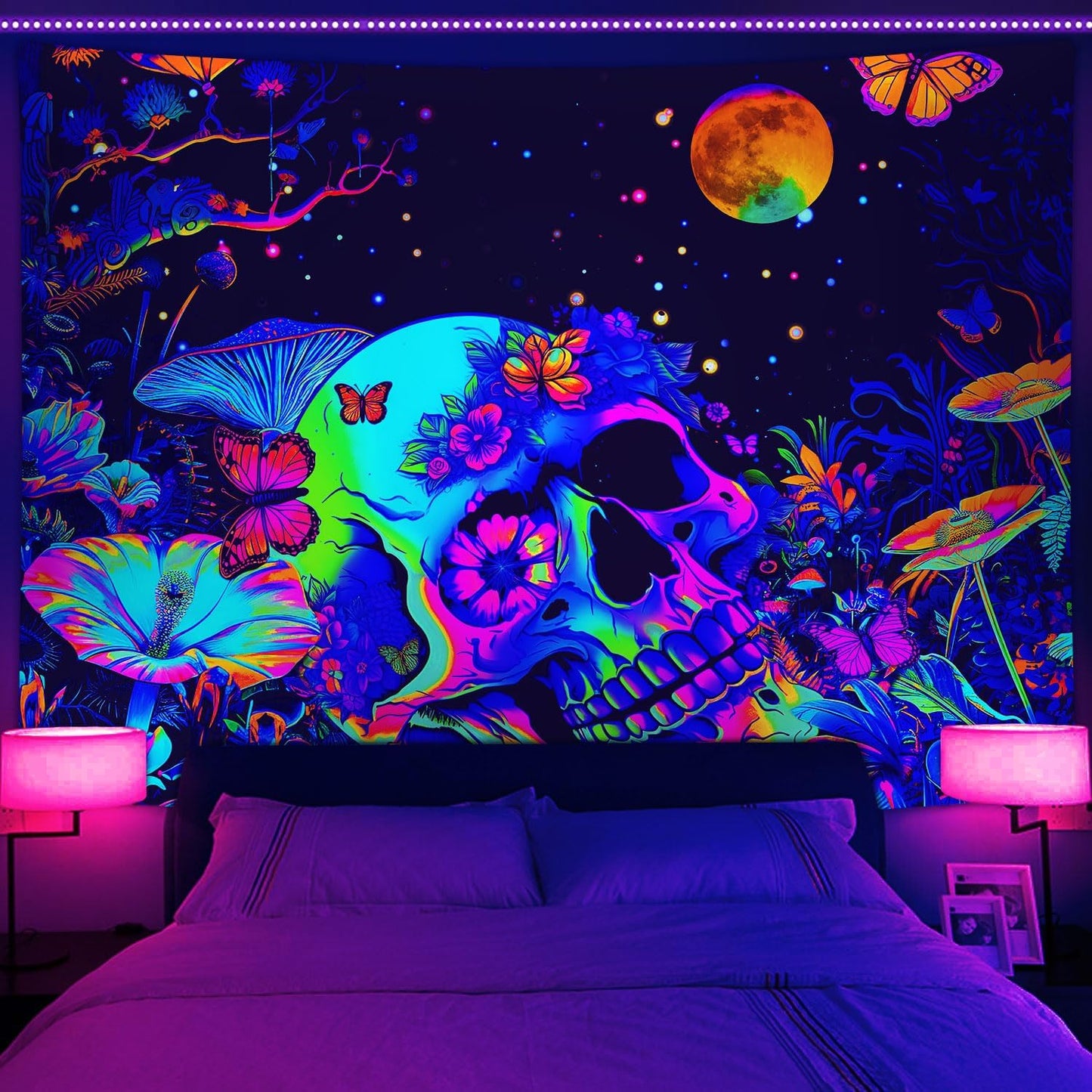 Xiaoput Skull Skeleton Tapestry for Bedroom, Glow in the Dark Black Light Poster, 60x40IN