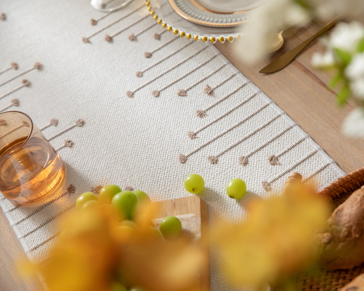 Boho Farmhouse Taupe & Beige Table Runner – Natural Cotton Woven Runner with Tassels – Modern Decor for Dining/Coffee Table – Available in 5 Sizes!