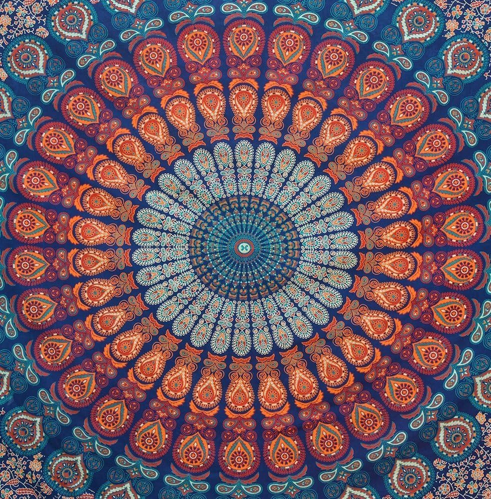 Bless International Handmade Indian hippie Bohemian Psychedelic Peacock Mandala Wall hanging College Dorm Beach Throws Table Cloth Bedding Tapestry (Golden Blue, Queen(84x90Inches)(215x230Cms))