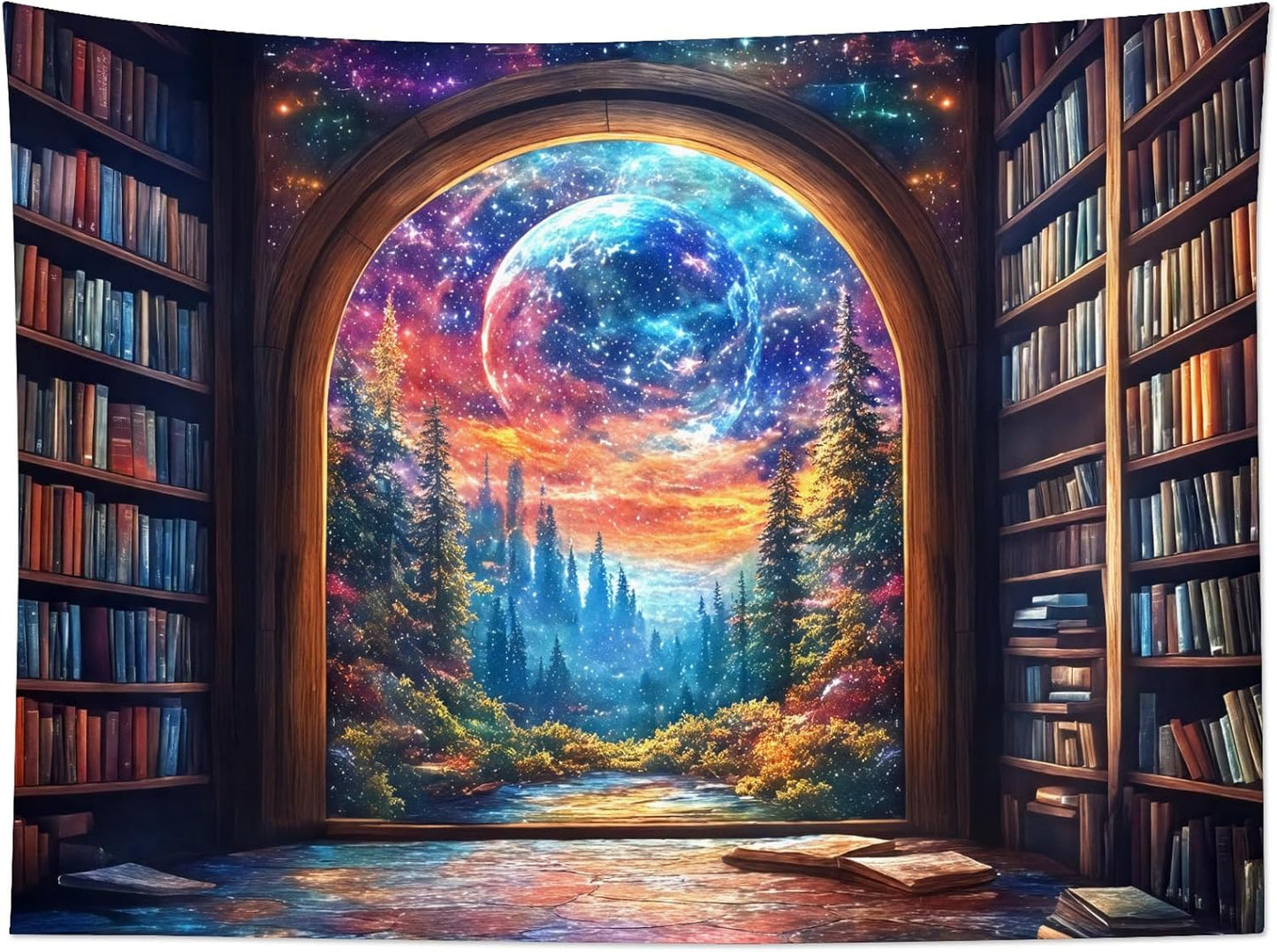 LB Fantasy Bookshelf Moon Tapestry, Trippy Tree and Vintage Library in Forest Wall Tapestry for Bedroom, Galaxy Cool Wall Art for Living Room Dorm Classroom Home Decor Ready to Hanging, 59 x 51 Inches