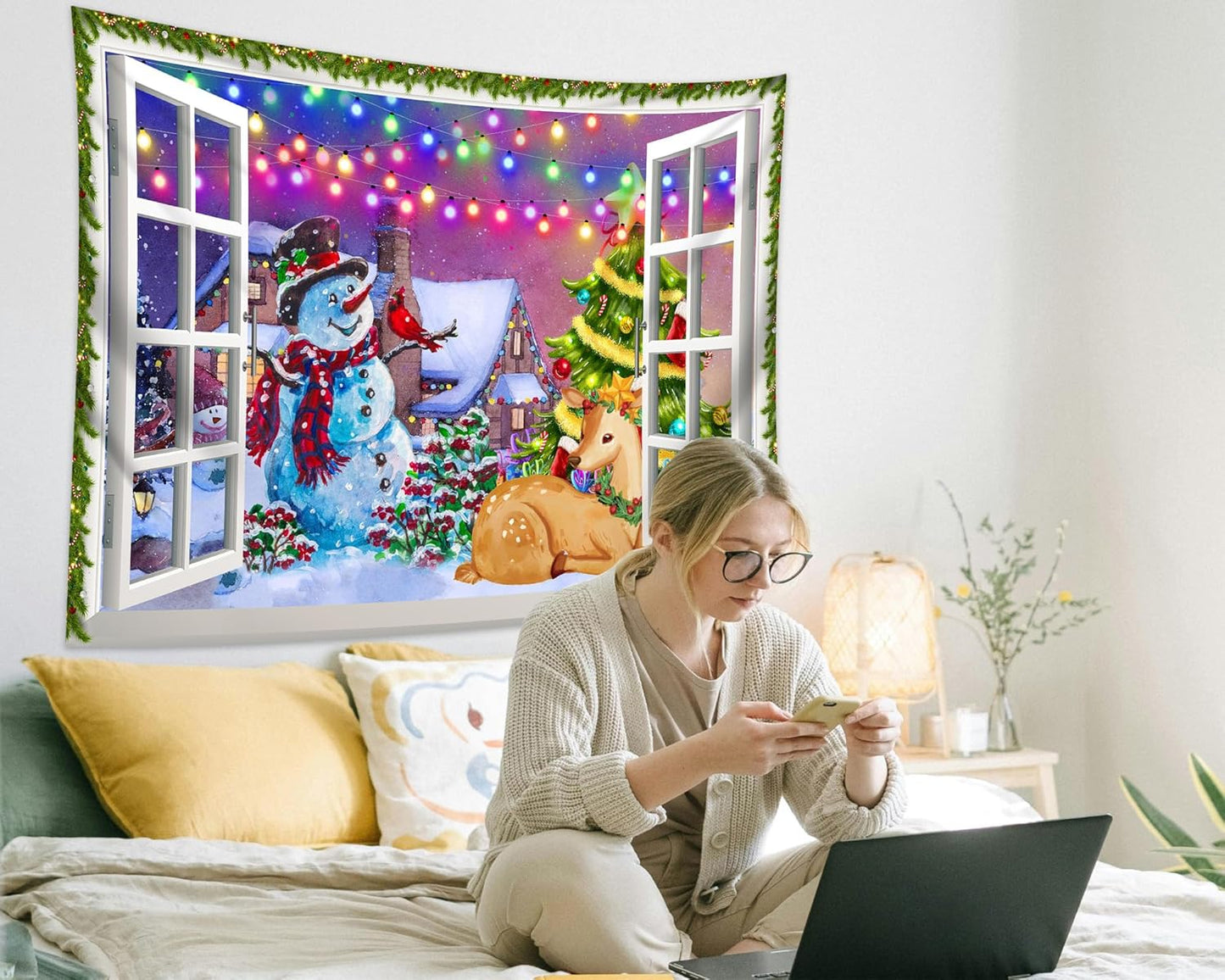 QGHOT Christmas Window Tapestry Wall Hanging, Christmas Backdrop Winter Window Wall Decor Xmas Snowman Deer Tapestries for Bedroom Living Room Dorm Holiday Party Decoration, Extra Large