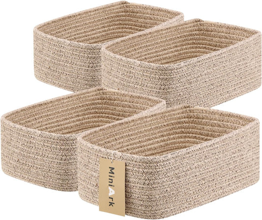 Small Storage Baskets for Organizing | Closet Organizer Bins | Shelf Toy Basket | Woven Rope Baskets | Cube Decorative Box | Shallow Basket | 11.5x7.5x4.7” | 4 Packs Mixed Brown