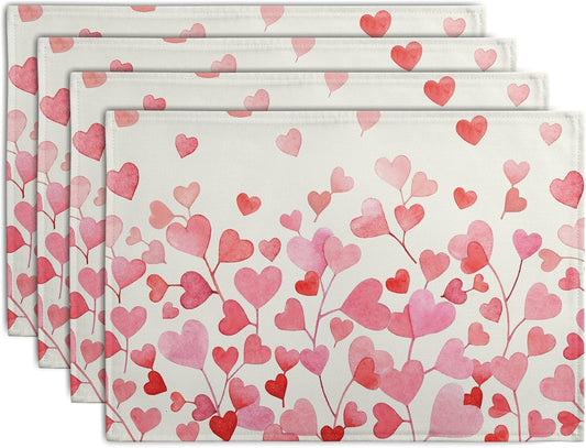 Pink Love Heart Valentine's Day Placemats Set of 4 Valentine Seasonal Holiday Linen Table Mats 12x18 Inch Anniversary Wedding Sweet Romantic Place Mats for Party Kitchen Dining Outdoor Indoor Decor
