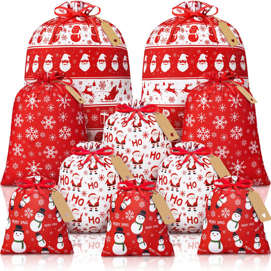 10 PCS Red and White Christmas Drawstring Gift Bags with Tags - Assorted Sizes Fabric Holiday Wrapping Bags for Presents and Party Favors