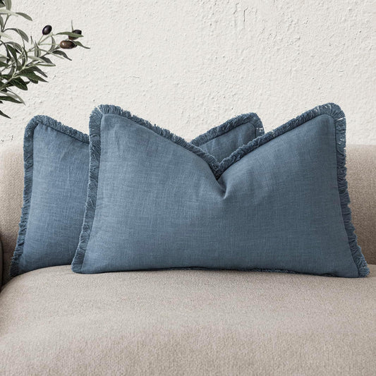 Foindtower Set of 2 Decorative Linen Fringe Lumbar Throw Pillow Covers Boho Farmhouse Cushion Cover with Tassels Soft Accent Pillowcase for Couch Sofa Bed Living Room Home Decor,12×20 Inch,Misty Blue
