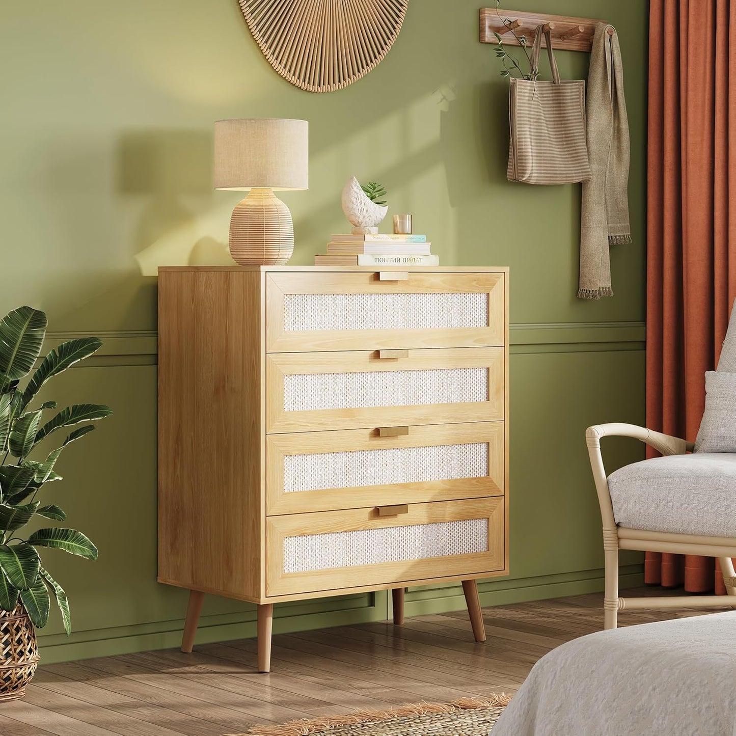 WLIVE Rattan Dresser for Bedroom, 4 Drawer Wood Boho Dresser Storage with Gold Metal Handle, Chest of Drawers for Living Room, Closet, Hallway, Light Oak