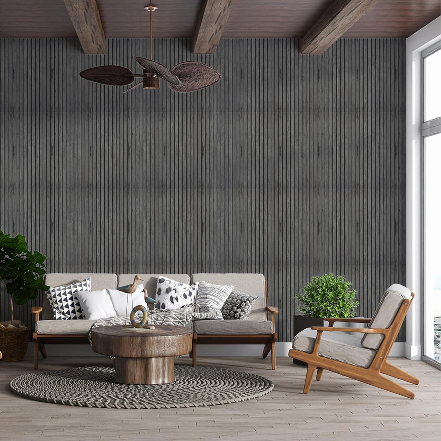 IZODEKOR 3D Wood Effect Styrofoam Wall Panels - Faux Wood Look Wall Panels for Living Room - Fake Acoustic Wood Slat Wall Panels - Pack of 10, Covers 50 sq ft.