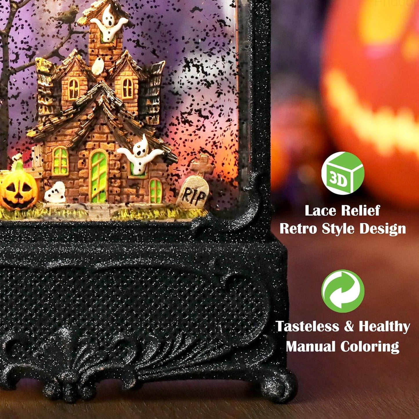 Halloween Snow Globe Lantern Haunted House Pumpkin Ghost Tree Crow Rip Dancing Bats with Timer, USB and Battery Powered 12 inch