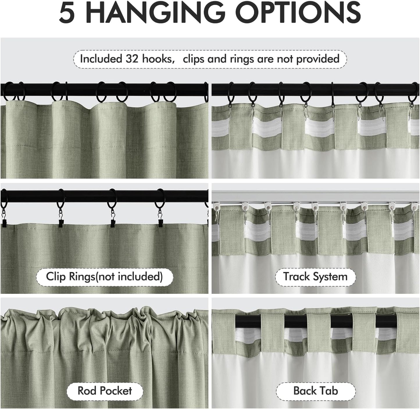 MIULEE 100% Blackout Curtains 108 Inch Long 2 Panels for Bedroom, Thick Luxury Faux Linen Black Out Curtain Room Darkening Back Tab Pleat Window Textured Drapes with Hooks for Living Room, Sage Green