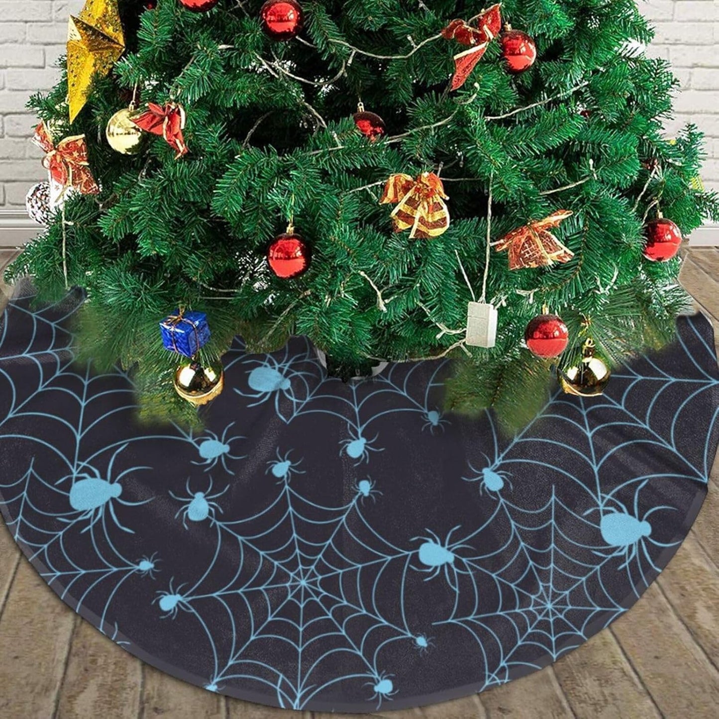Christmas Tree Skirt,Sliver Spider Web Xmas Tree Skirt Rustic Farmhouse Tree Skirt for Christmas Decor Xmas Holiday Home Party Decorations48