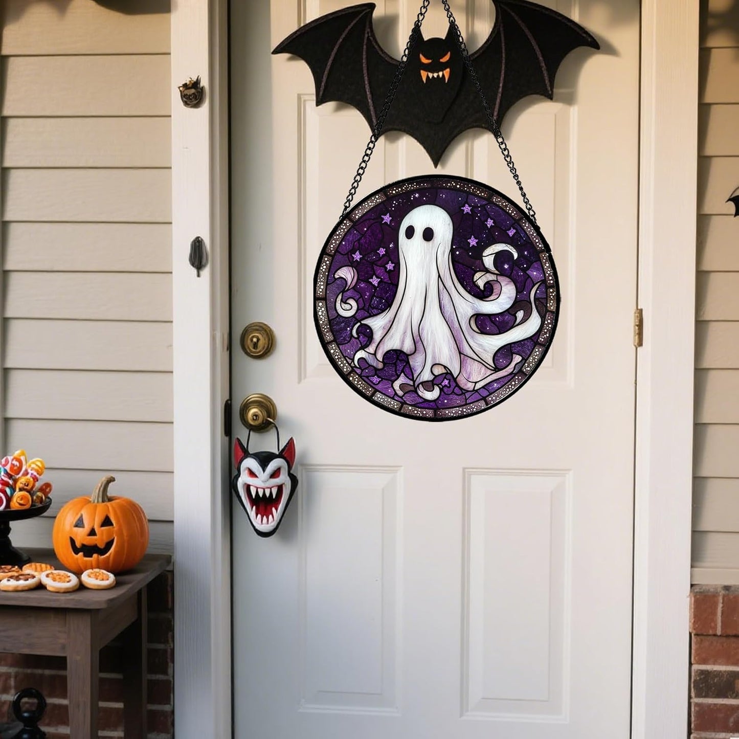 Stained Glass Window Hanging - Halloween Decorations White Ghost Purple Stars Suncatcher for Doors Garden Spooky Funny Sun Catchers Gothic Decor Horror Gifts for Women Men Friend 15 in