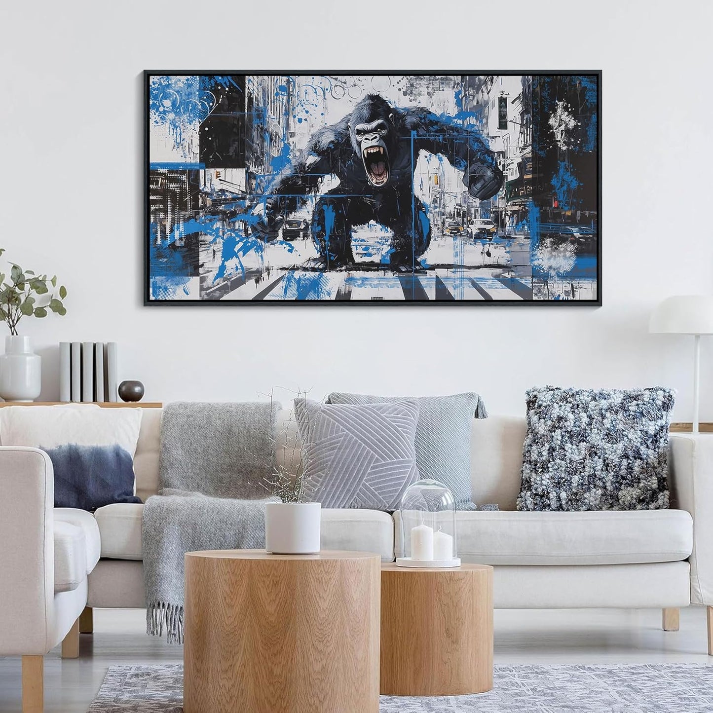 JEAWA Bathroom Framed Wall Art, Angry Gorilla Abstract City Street Graffiti Cool Pop Canvas Paintings Black and White Modern Picture for Living Room Bedroom Men Teenage Boy Game Room Decor 20x40 IN