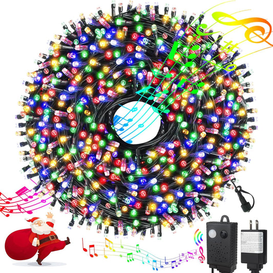 Music Motion Sensor Christmas String Lights 105FT 300 LED，Multicolour Christmas Tree Lights，End to End Plug In 6 Modes Decorative Light, No Timer；Waterproof for Indoor Outdoor Tree Party Decor