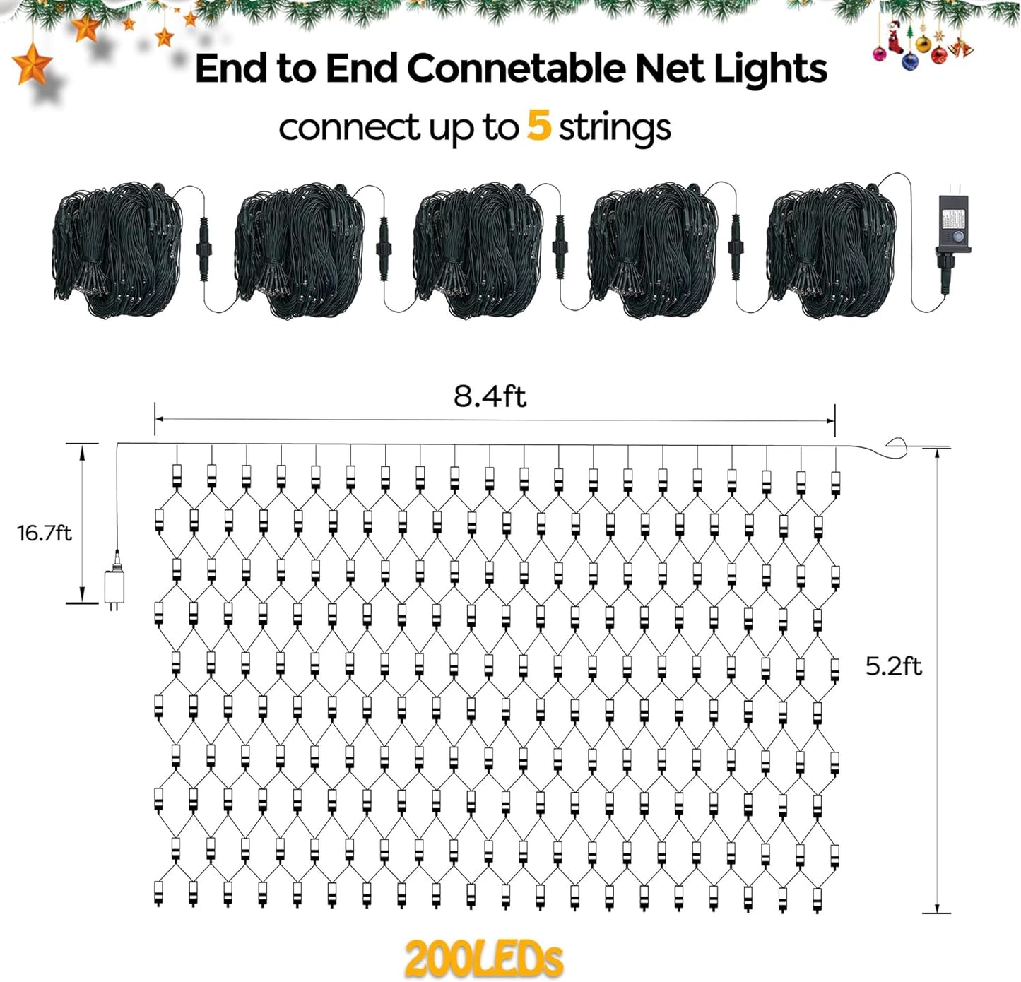 WBao Outdoor Christmas Lights 200LED F8 Big Bulbs, 8.4ft x 5.2ft Christmas Net Lights with 8 Modes, Timer, End to End Connectable, Waterproof for Lawn, Bushes Outdoor Christmas Decorations, Warm White