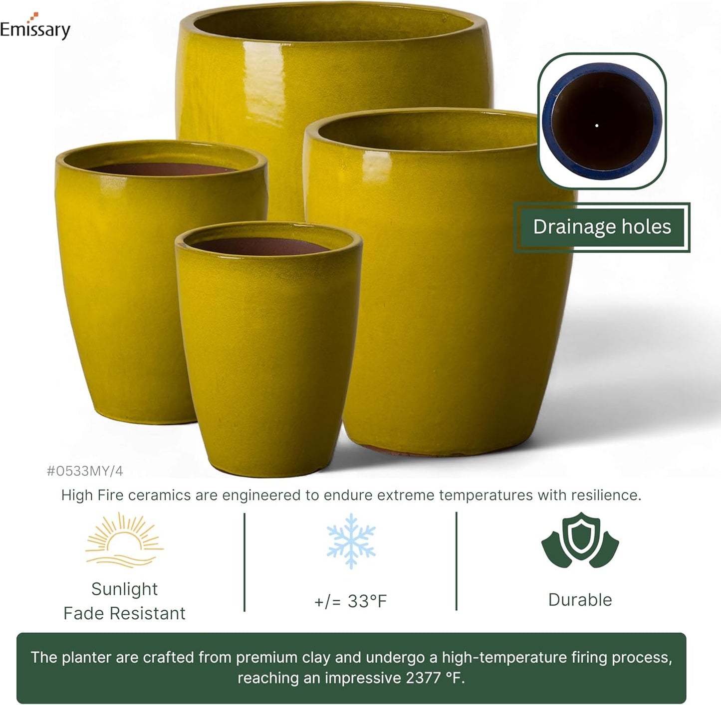 Emissary Bullet 18 in. Mustard Yellow Ceramic Round Planter (18 in. L x 18 in. W x 21 in. H) with Drainage Hole