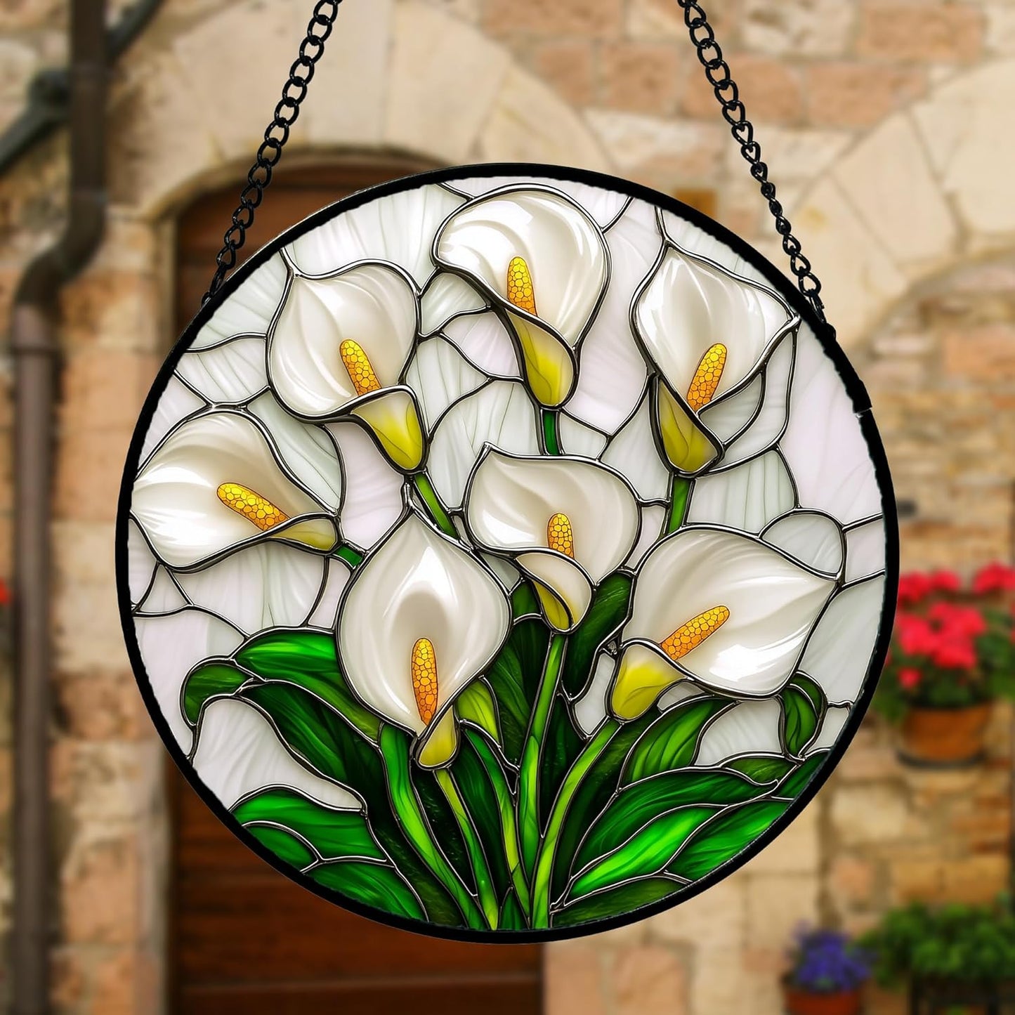 Stained Glass Window Hanging, White Calla Lily Suncatcher Diamond Glass Panel Hangings Flowers Sun Catchers Decor for Birthday for Women, Men, Wife, Aunt, and Mom 11.8x11.8 in