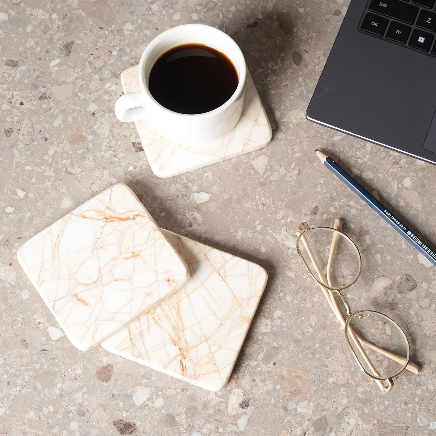 BCS Square Marble Coasters Set of 6 with Holder - Modern Stone Drink Coasters for Tables, Durable Cup Mats for Coffee, Wine, Beer - Elegant Home & Bar Decor Present