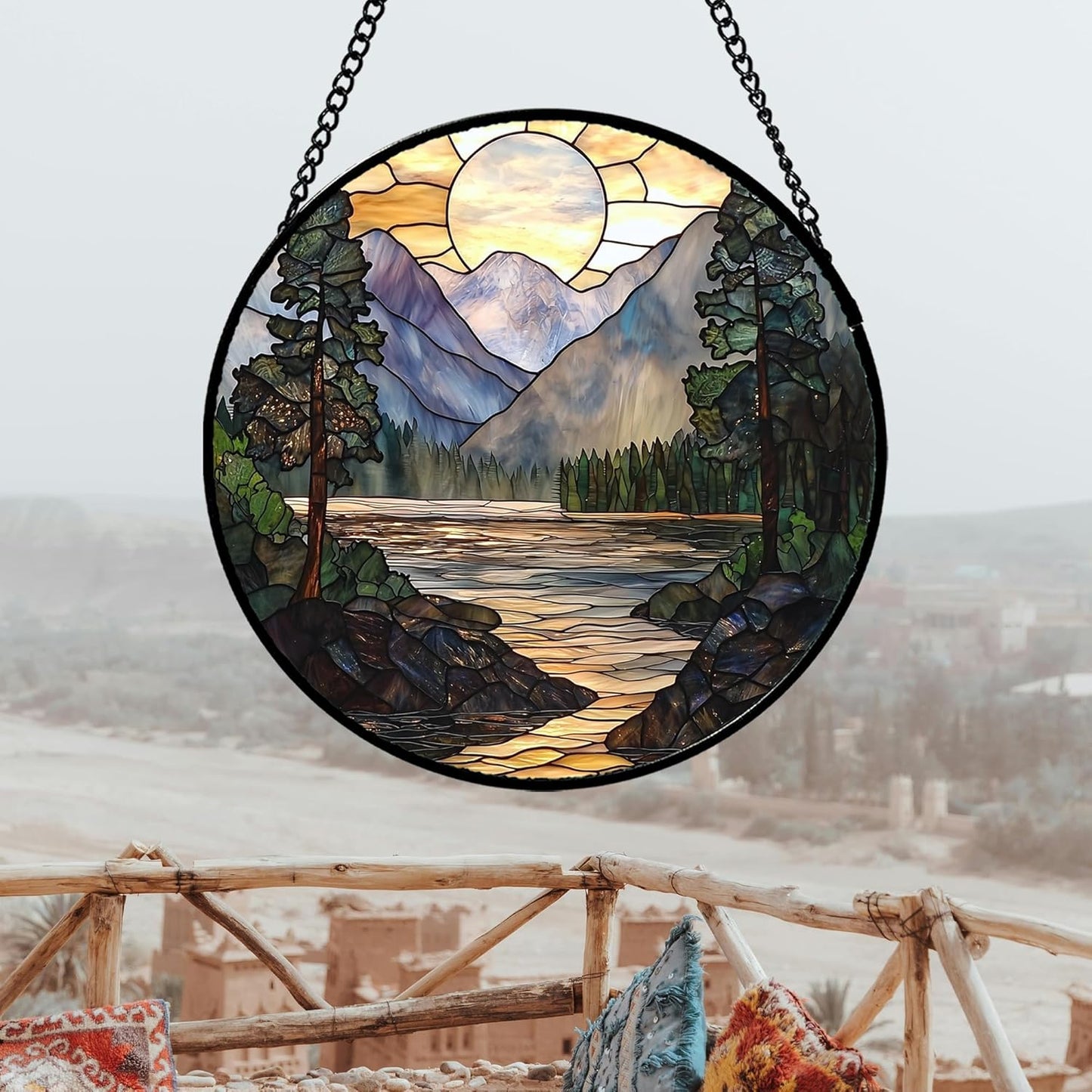 Stained Glass Window Hanging, Sunset Mountains Lake Tree Sun Catcher for Window Home Decor Landscape Suncatcher Mother's Day Birthday Gifts for Women Men Mom and Nana 15 in