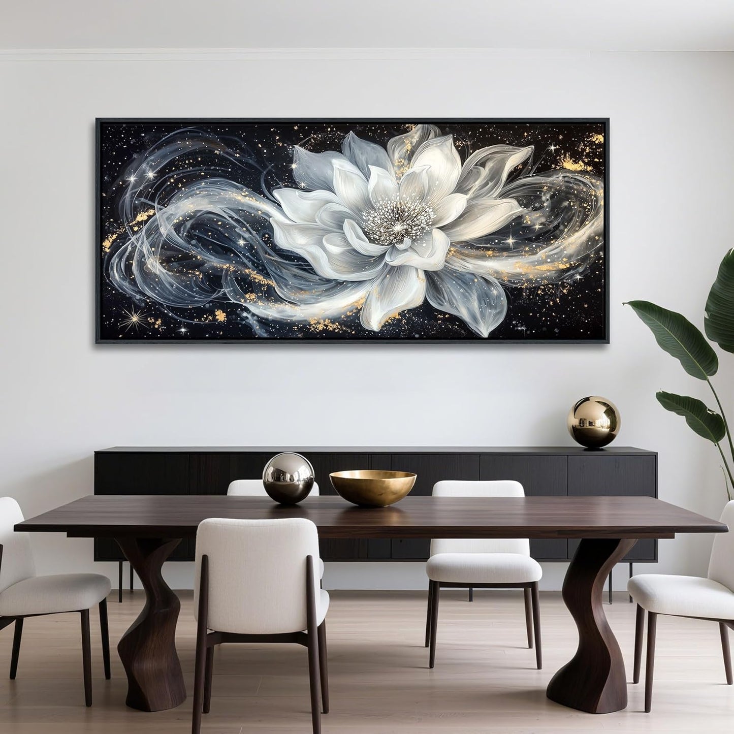 QZQCBLC Extra Large Wall Art, Black and White Lotus Modern Abstract Flower Pictures Gold Silver Canvas Framed Painting Artwork for Living room Bedroom kitchen Hallway Home Office Decor 32x71 IN