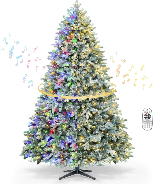 9ft Pre-lit Artificial Christmas Tree with Remote, Snow Flocked Xmas Trees Rotating & Foldable Stand, RGB & Warm White Light for Home Decor