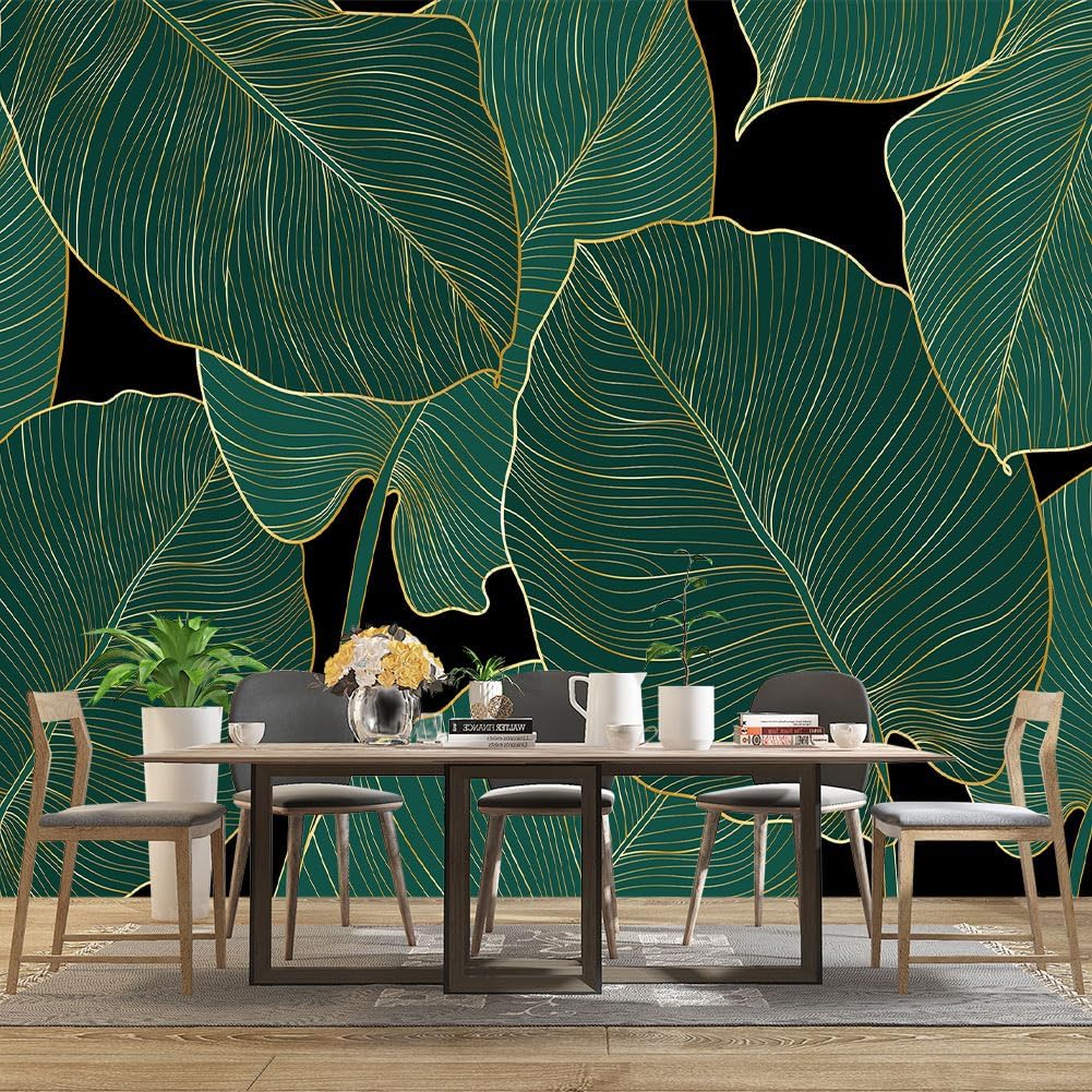 Black and Gold Leaf Mural Bedroom Tropical Green Botanical Wallpaper Room Plant Decor Living Room tv Background Large Wall Mural - 91"x65" (Not Peel and Stick)
