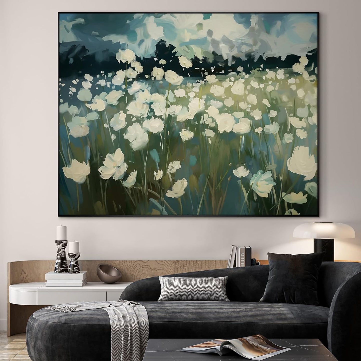 SIGNWIN 36"x46" Extra Large Framed Wall Art White Wildflower Field in Impressionist Style, Soft Floral Landscape for Home Living Room Bedroom Decor (Frame Assembly Required)