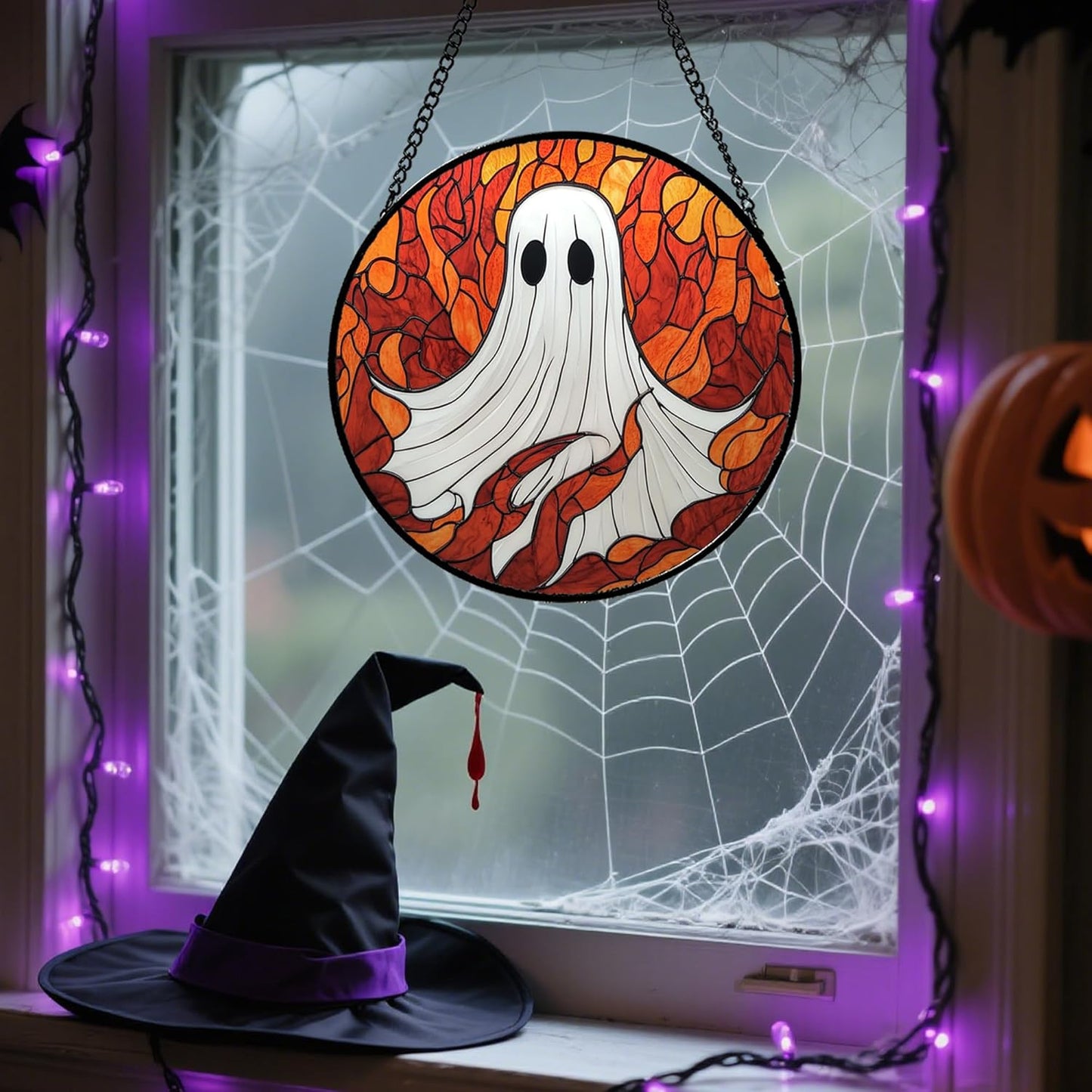 Stained Glass Window Hanging - Halloween Decorations White Ghost Orange Sky Suncatcher for Doors Garden Funny Spooky Sun Catchers Gothic Decor Horror Gifts for Women Men Friend Boy 15 in