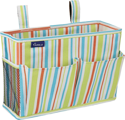 Surblue Bedside Caddy Hanging Bed Organizer Storage Bag Pocket for Bunk and Hospital Beds, College Dorm Rooms Baby Bed Rails,Wheelchair Side Bag,Camp Chiars,4 Pockets and 2 Hooks (Small GreenStripe)