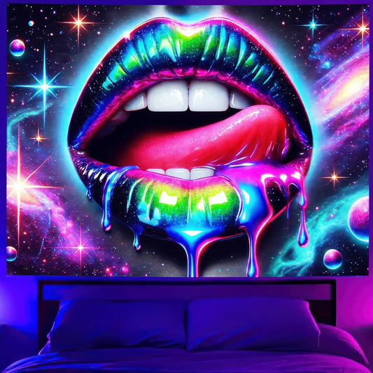 BlissYard Blacklight Tapestry UV Reactive Tapestry Wall Hanging 78x59 Inches Cosmic Rainbow Lips Wall Hanging, Fluorescent Art Decoration for Bedroom, Living Room, and Parties