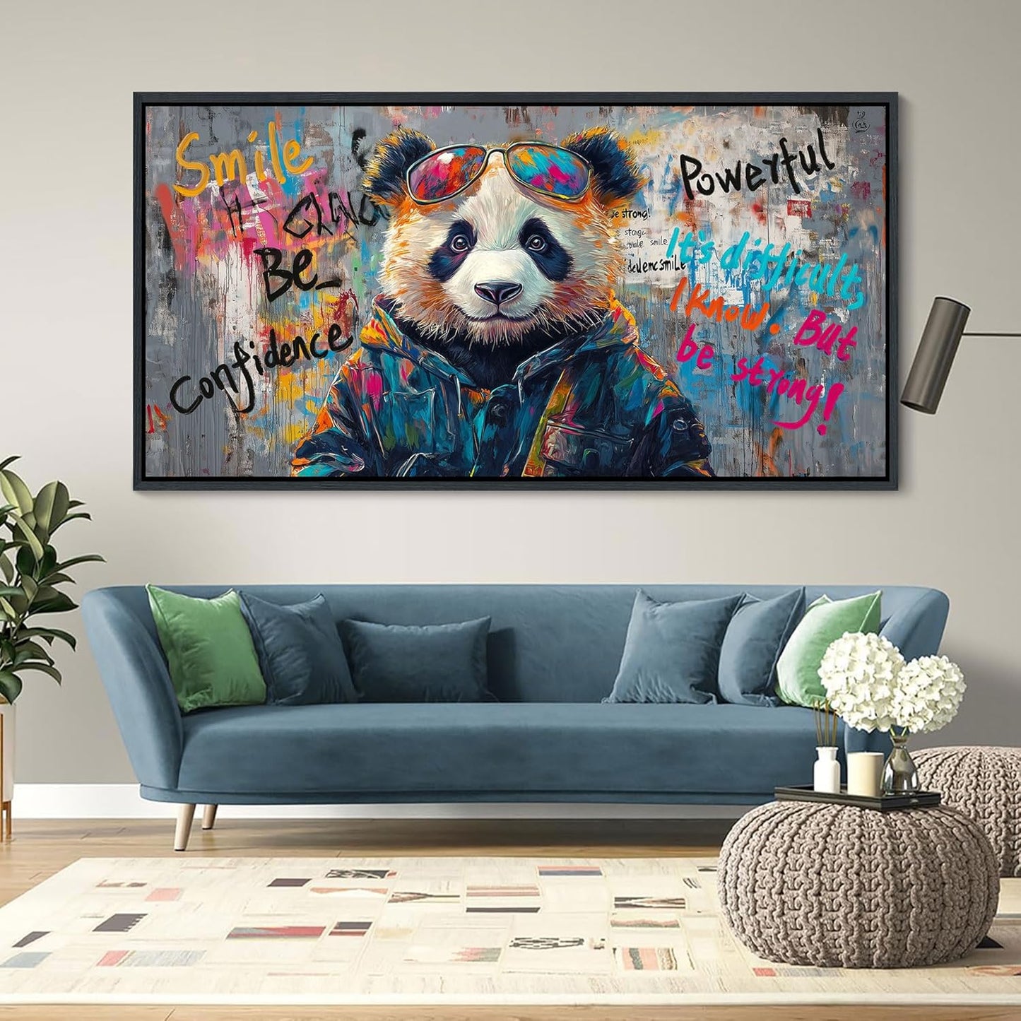 JEAWA Large Canvas Framed Wall Art, Panda Abstract Graffiti Street Art Pop Wall Picture Black and White Paintings Ready to Hang Living Room Bedroom Study Home Office Inspirational Decor 29x58 IN
