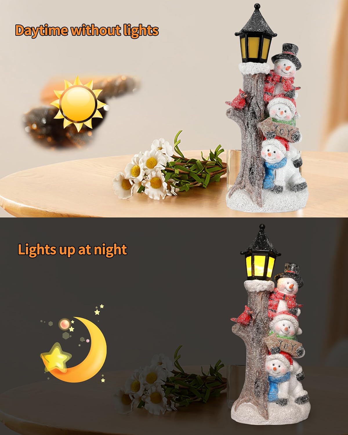 iStatue Lighted Stacked Snowman Tabletop Decor Figurine with Lamppost Lantern - 11.2'' Resin Cardinal Christmas Decorations Indoor - Unique Xmas Gift Idea (Joy Trio)