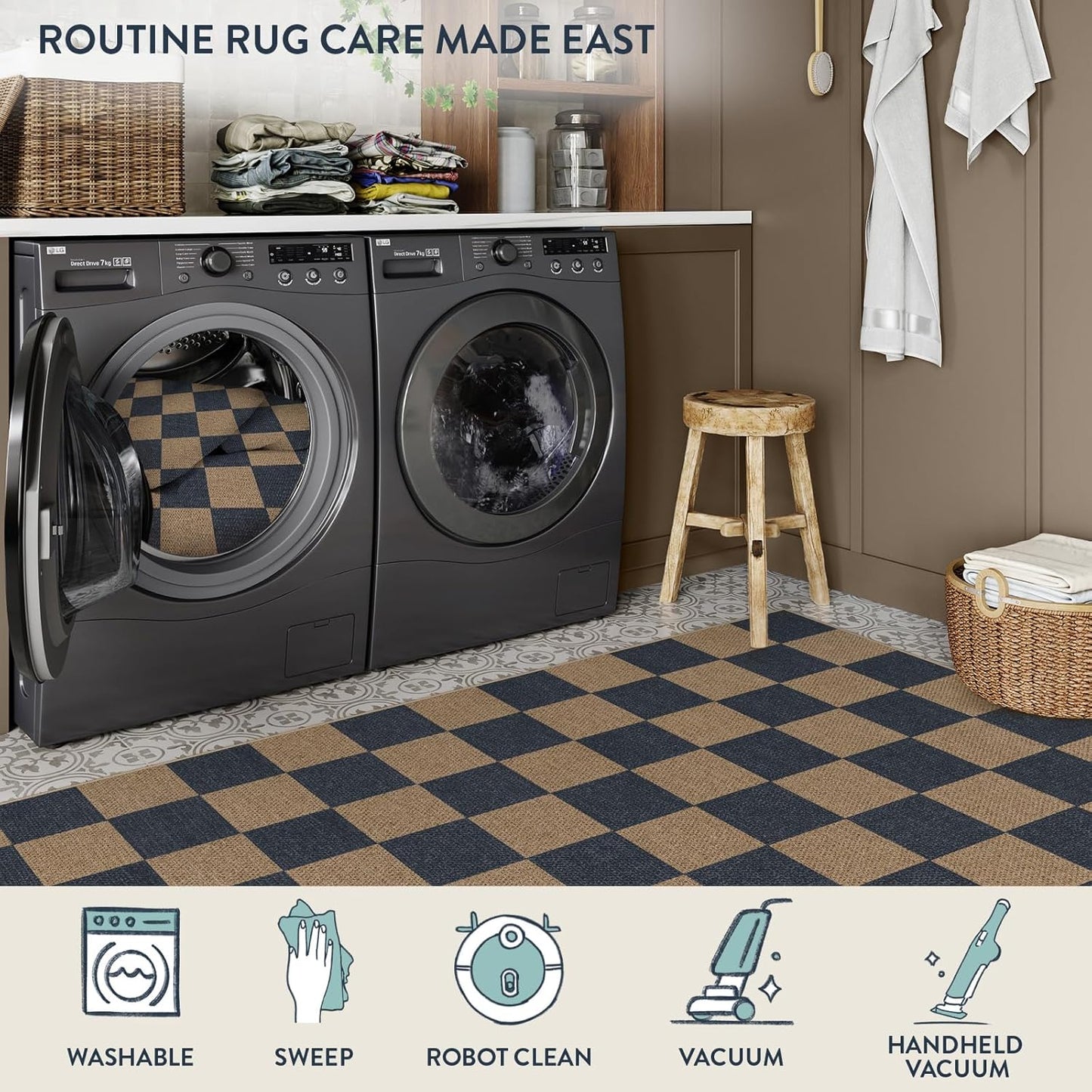 Lahome Checkered Easy Jute Indoor Outdoor Carpet, 3x5 Washable Rugs for Entryway Living Room Farmhouse Area Rug, Non Slip Blue Checkerboard Indoor Door Mat for Entry Patio Deck