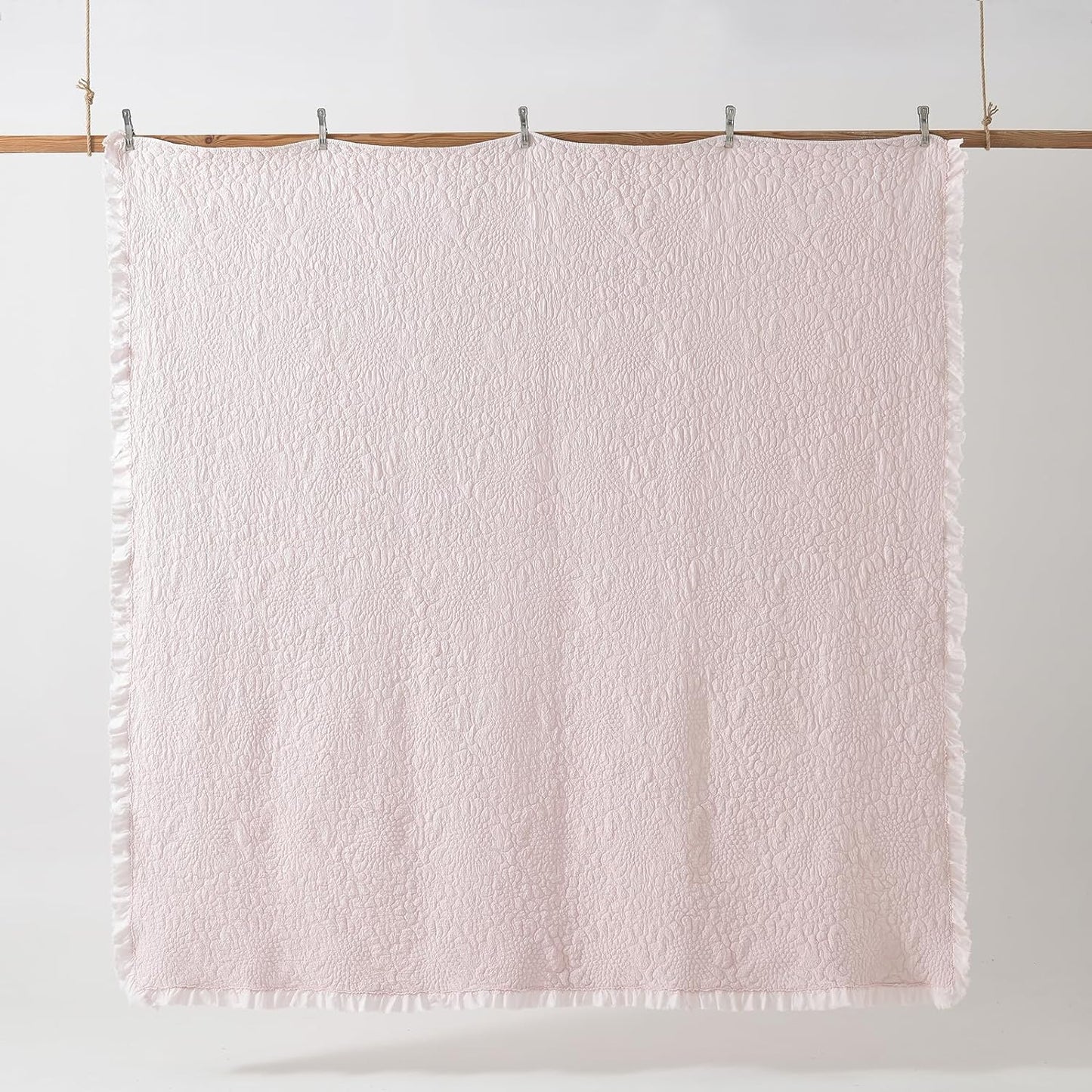 HORIMOTE HOME Pink Ruffled Quilt Twin Size, Stone-Washed Microfiber Lightweight Crinkled Farmhouse Rustic Shabby Chic Bedding Set, 2 Pieces Reversible Bedspread with Pillow Sham for All Season