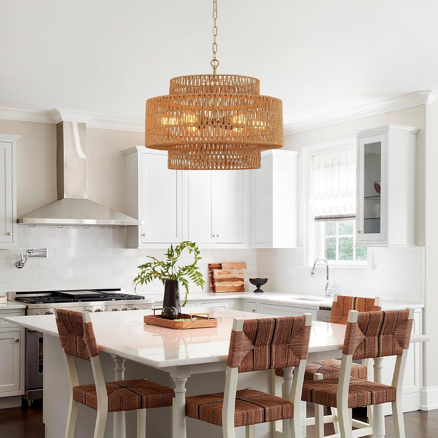 Hand-Woven Rattan Chandelier Vintage Farmhouse 6-Lights Boho Bamboo Chandelier Light Fixture 23.6" Retro 3-Tier Drum Wicker Rattan Golden Chandeliers for Dining Room, Kitchen, Living Room