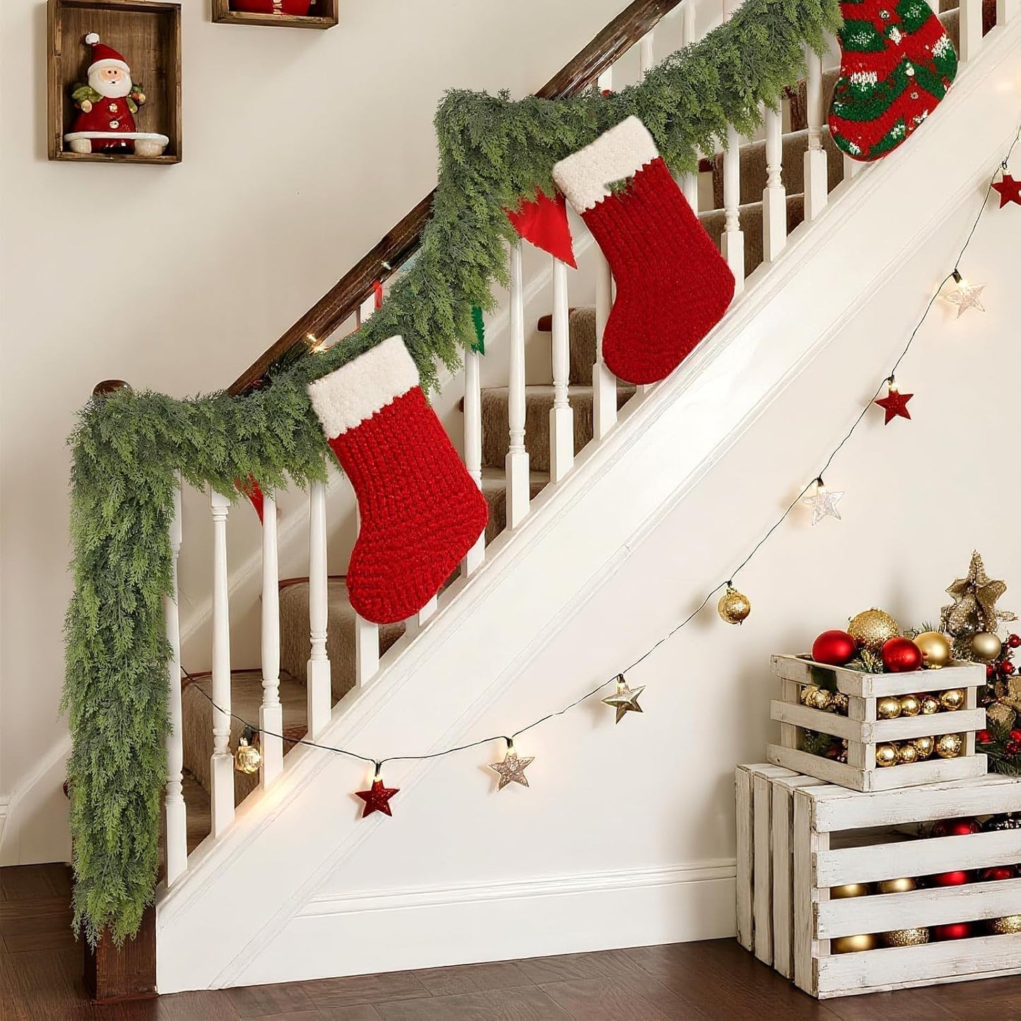 Real Touch Christmas Cedar Garland -9ft Artificial Garlands Faux Cedar Fake Pine Needles Garland for Fireplace,Table,Window,Stairs,Mante,Holiday Indoor Outdoor Xmas Decor(2PCS)