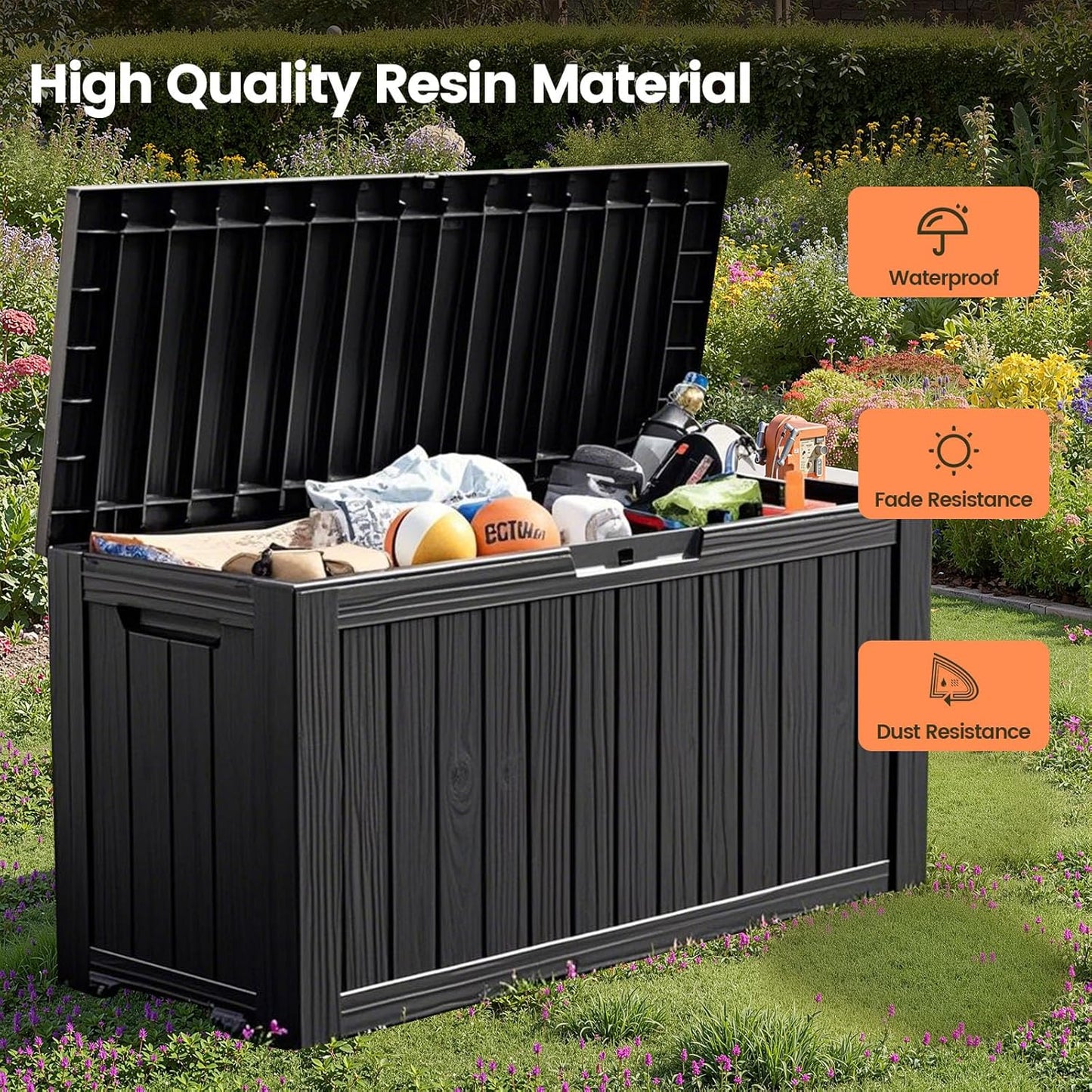 75 Gallon Outdoor Storage Box - Waterproof Resin Deck Box for Patio Cushions & Garden Tools - Lockable Indoor/Outdoor Storage Bin - Sleek Black Design