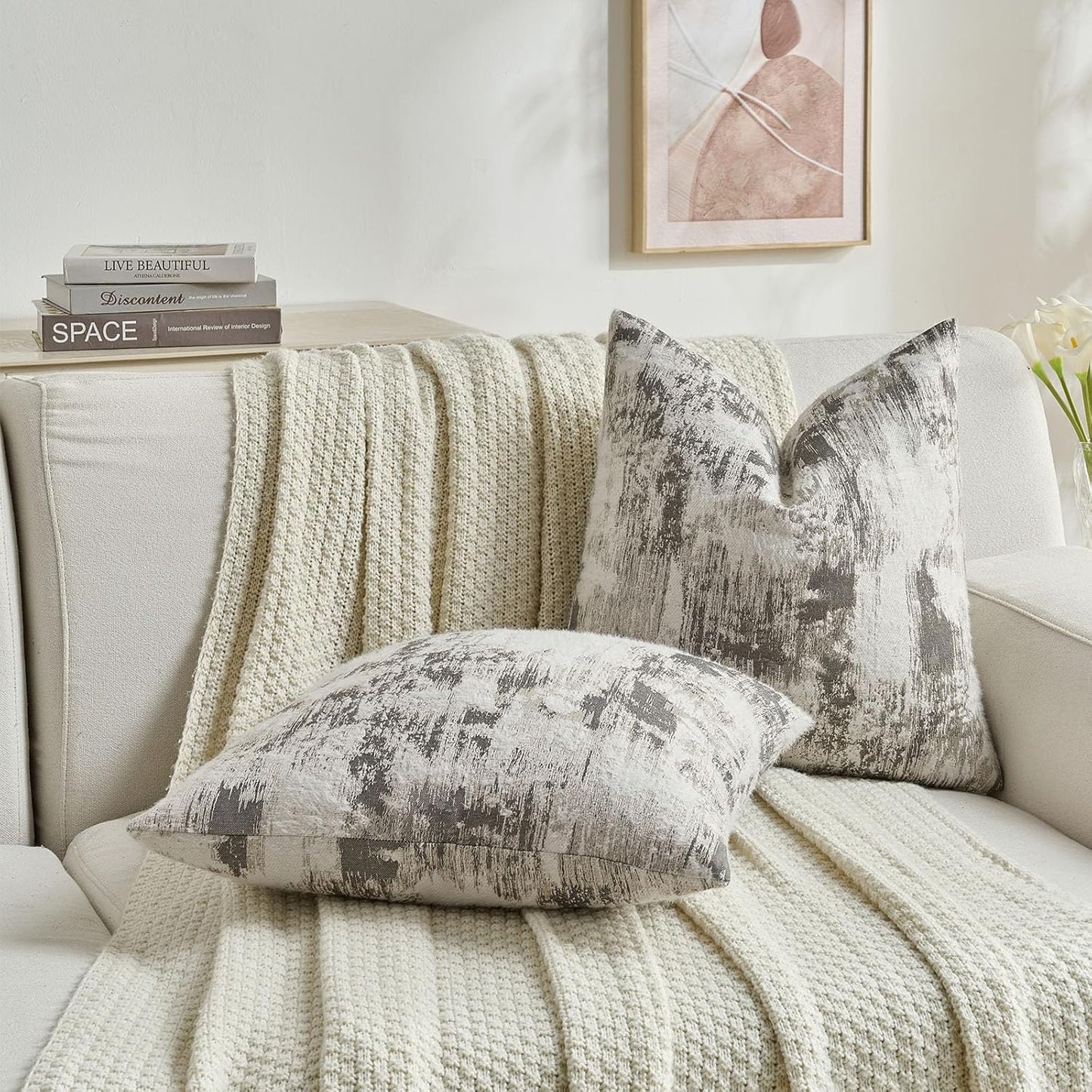 FUTEI Black White Decorative Throw Pillow Covers 24x24 Inch Set of 2,Soft Faux Cashmere Jacquard - Textured & Cozy Euro Pillow Shams,Modern Home Decor for Couch Bed Living Room