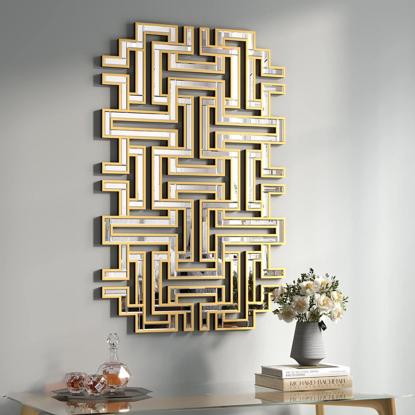 KOHROS Large Modern Gold Wall Mirror - 46.5"x30" Geometric Maze Design Decorative Mirror for Home Decor Living Room Entryway Hallway Farmhouse, Mirrors for Wall Decor