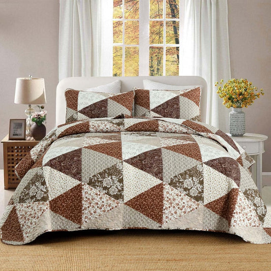 Dobuyly Fall King Size Bedspread, Brown Floral Triangle Patchwork King Size Quilt Fall Bedding Set, Soft Lightweight Microfiber Coverlet Set (1 Quilt, 2 Pillow Shams)