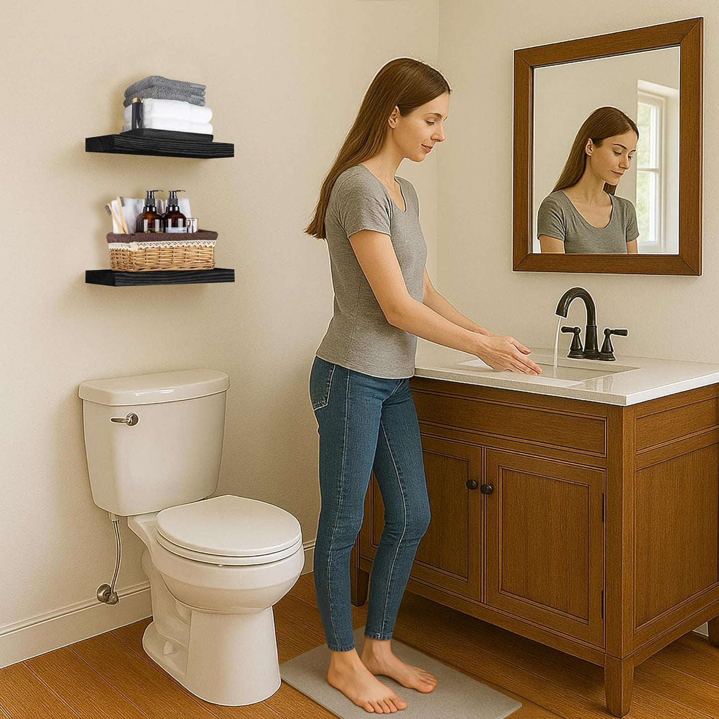 BGMG Wood Floating Shelves 18 inch,Black Floating Shelves,Solid Wood Wall Shelves for Bathroom Living Room Bedroom Kitchen Farmhouse Set of 2-18x 6.7 x1.25 inch