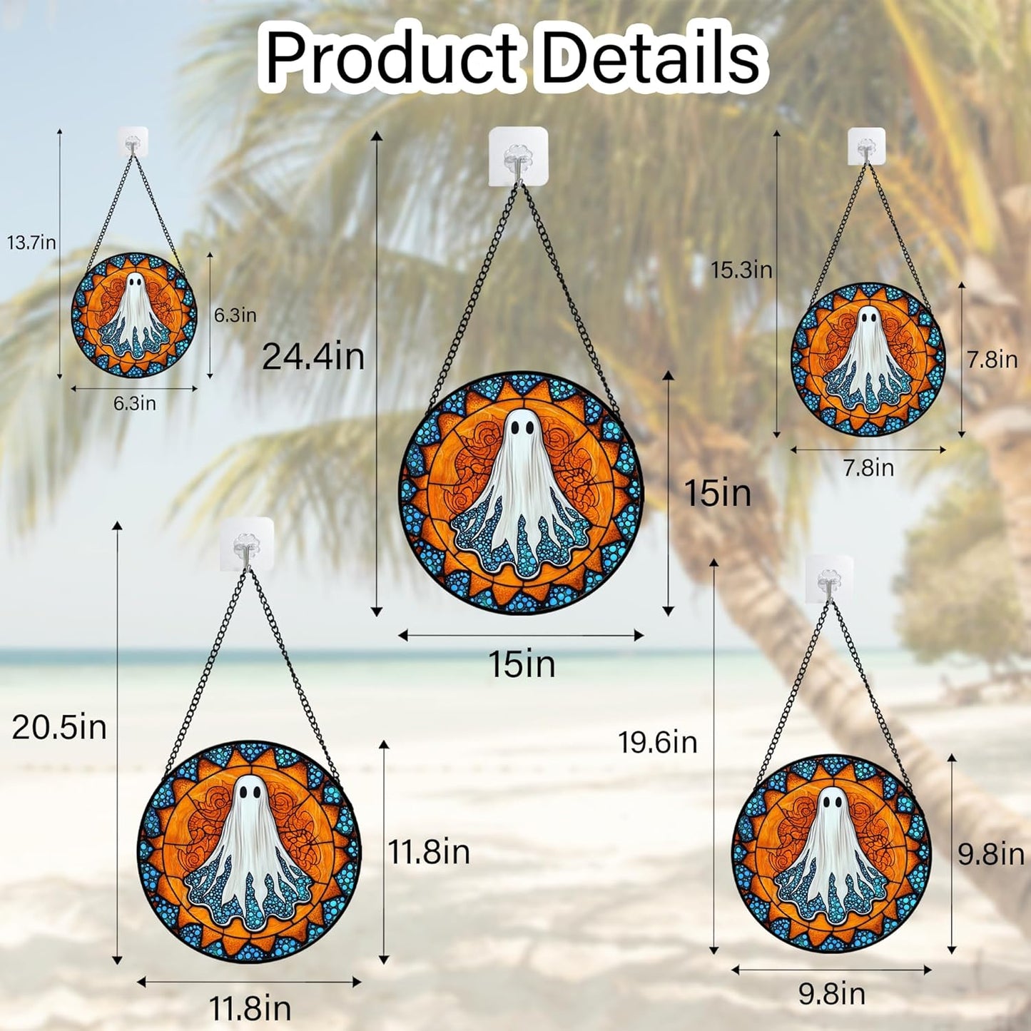 Stained Glass Window Hanging - Halloween Decorations White Ghost Suncatcher for Doors Garden Indoor Spooky Funny Blue Sun Catchers Gothic Decor Horror Gifts for Women Men Friend 11.8 in