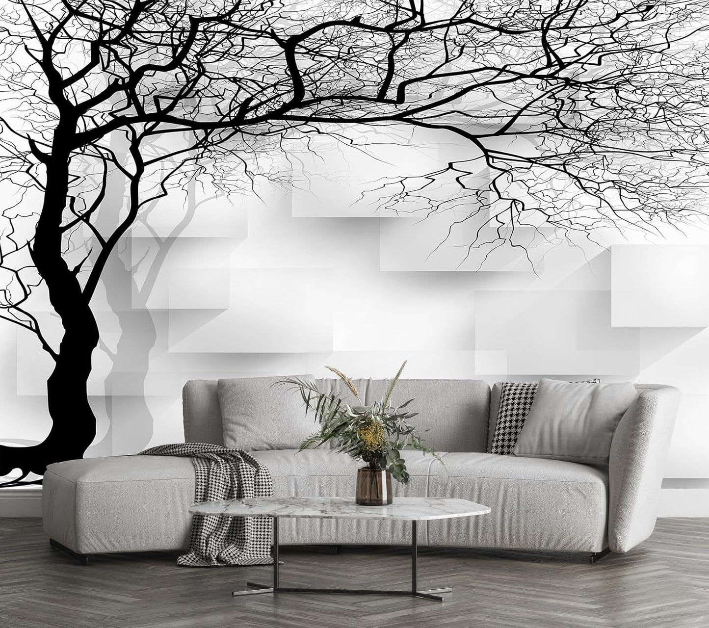 Grey Trees Wallpaper 3D Geometry TV Sofa Background Wall Mural for Bedroom Living Room (Not Peel n' Stick)