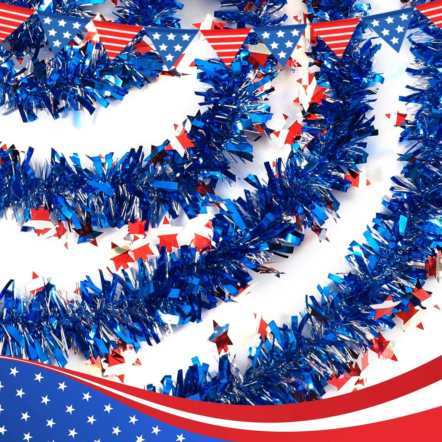 4th of July Patriotic Tinsel Garland Decoration 33FT, Red White and Blue Tinsel Garland with Shiny Star Metallic Garlands,Independence Day Memorial Day Decor for Home Indoor Outdoor