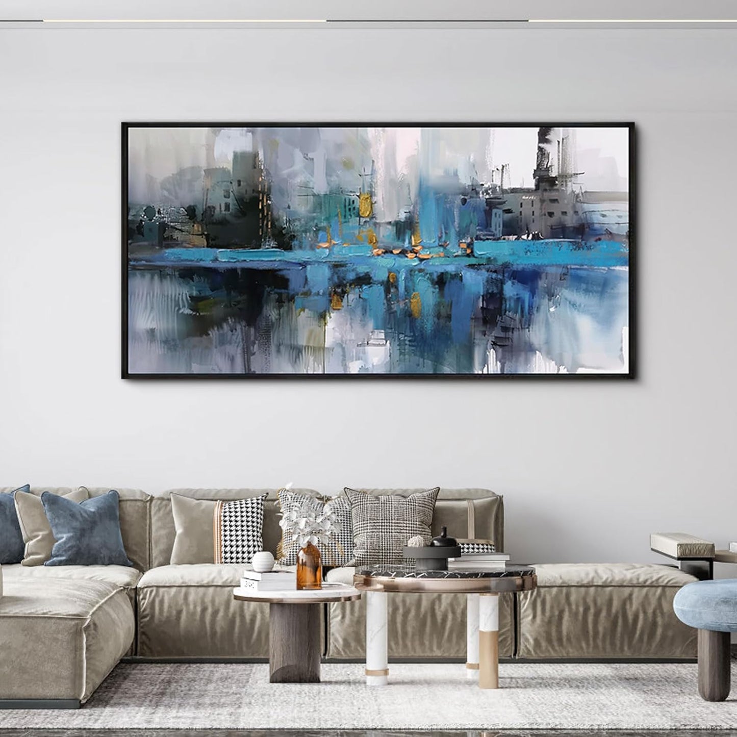 yiijeah Oversized Wall Art - Abstract Picture Large Wall Decor for Living Room Blue and White Paintings Big Frame Artwork Extra Large Canvas for Office Bedroom Home Decor