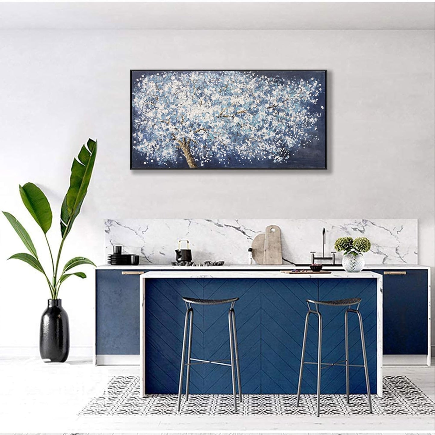 Wall Art Canvas Oil Painting Dark Blue And White Abstract Tree Plants Wall Decor Pictures Framed For Bedroom Canvas Wall Decorations Artwork For Living Room Dinning Room Home Office 20 X 40 Inch