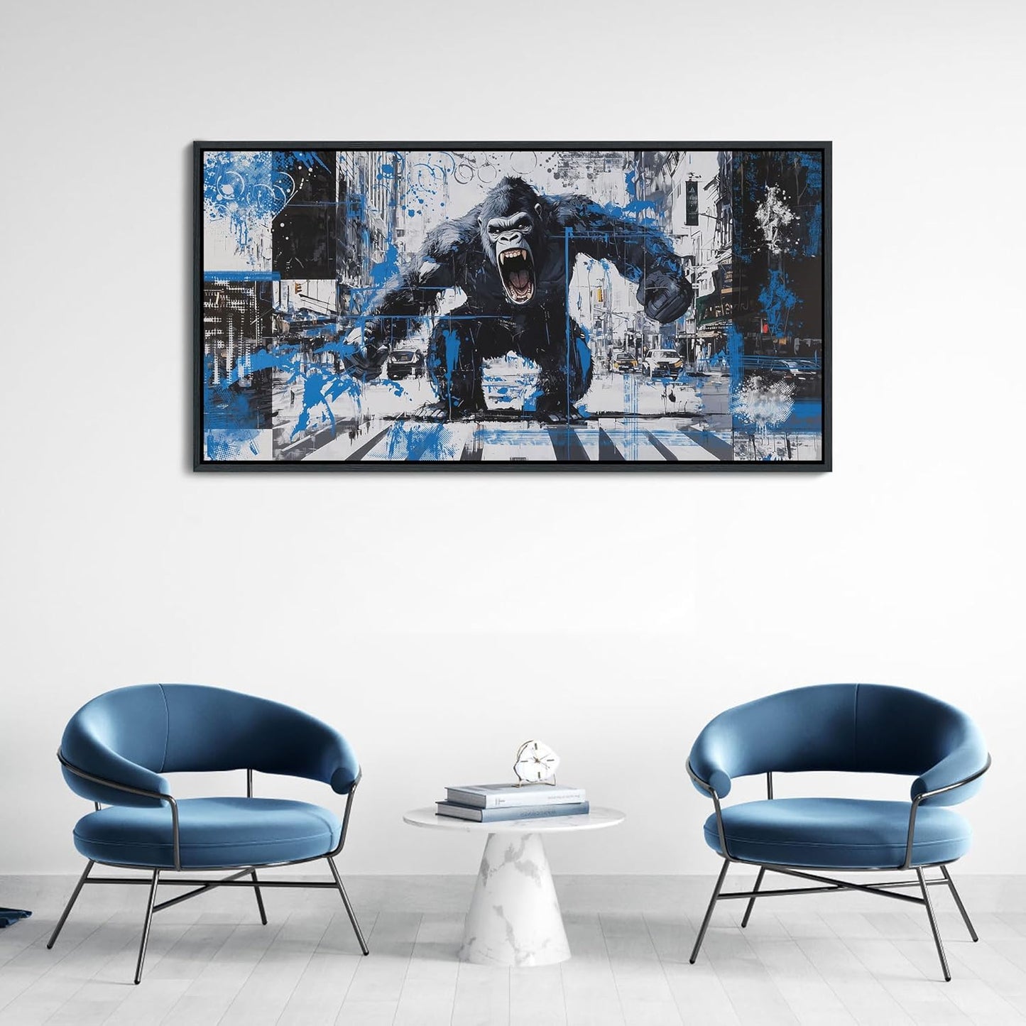 JEAWA Canvas Framed Wall Art, Large 24x48 IN Angry Gorilla Abstract City Street Graffiti Pop Paintings Black and White Modern Picture for Living Room Bedroom Men Teenage Study Home Office Decor