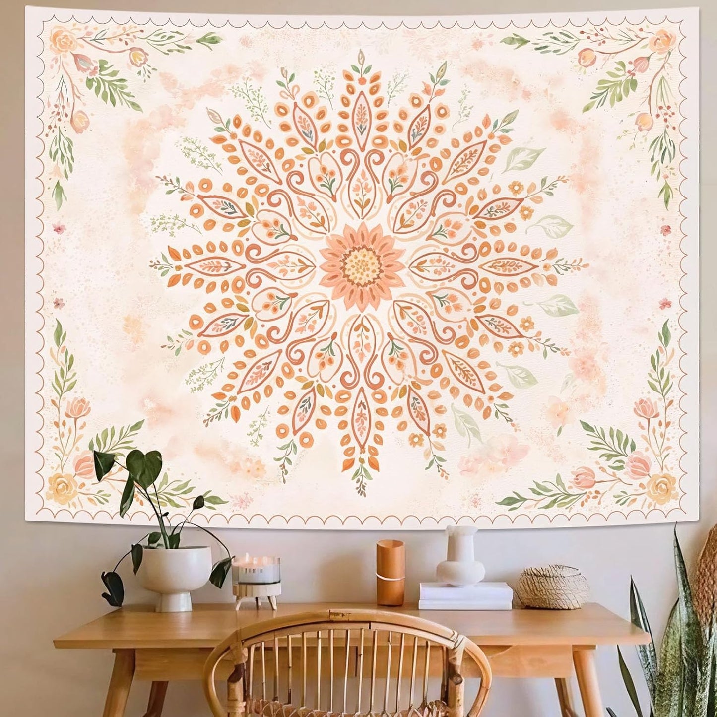 Lunerfex Floral Mandala Tapestry Boho Tapestry for Bedroom Peach Tapestries Wall Hanging Living Room Wall Art and Home Decor 70x90